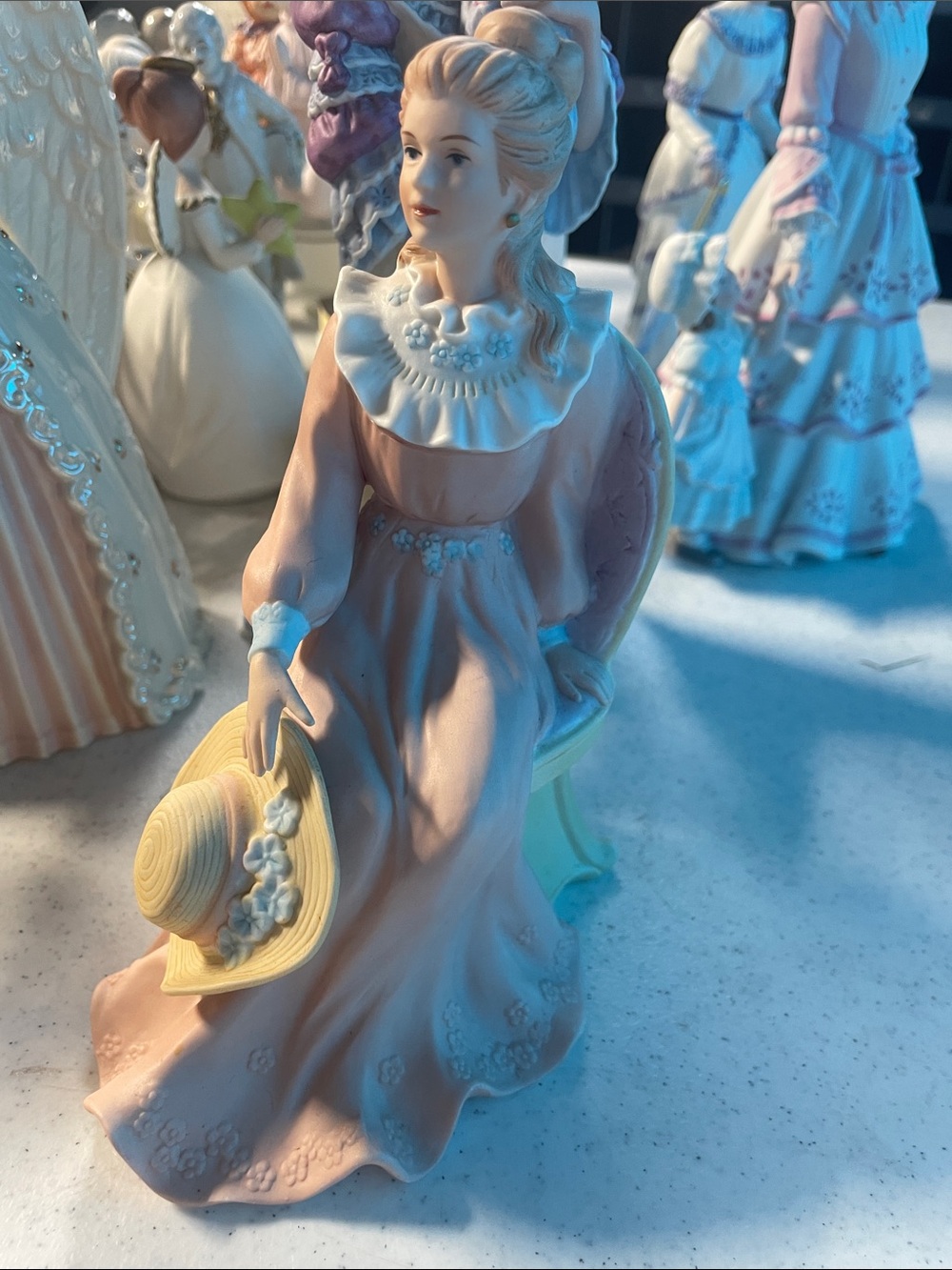 Porcelain Lady Figurine in Soft Pink with Straw Hat